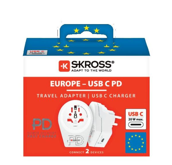 SKROSS cestovní adaptér Europe USB C20PD pro cizince v ČR, USB-C, PD 20W