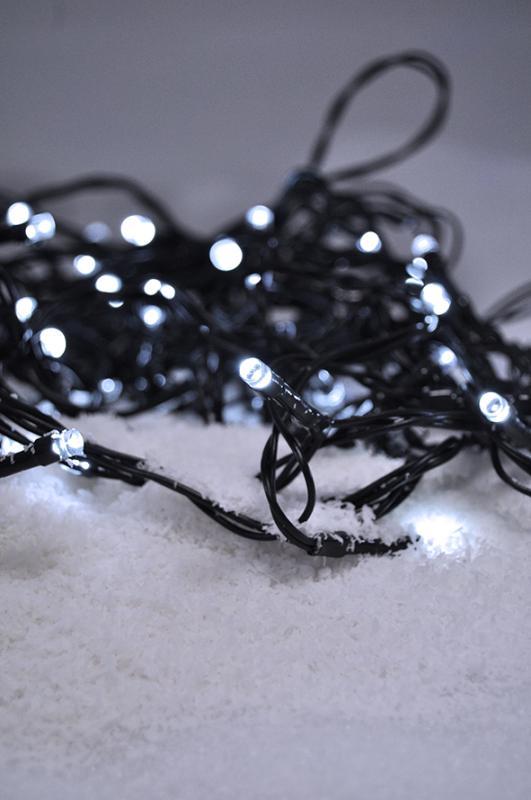 Solight LED venkovní vánoční řetěz, 100LED, 10m, 3m přívod, 8 funkcí, IP44. 3x AA, studená bílá