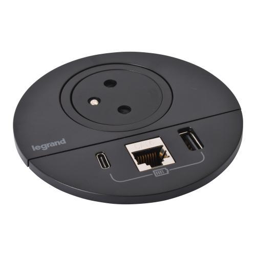 LEGRAND Incara 654702 - Disq 80 2P+T, USB A+C, RJ45, bez krytu, 2m kabel s vidl., černá