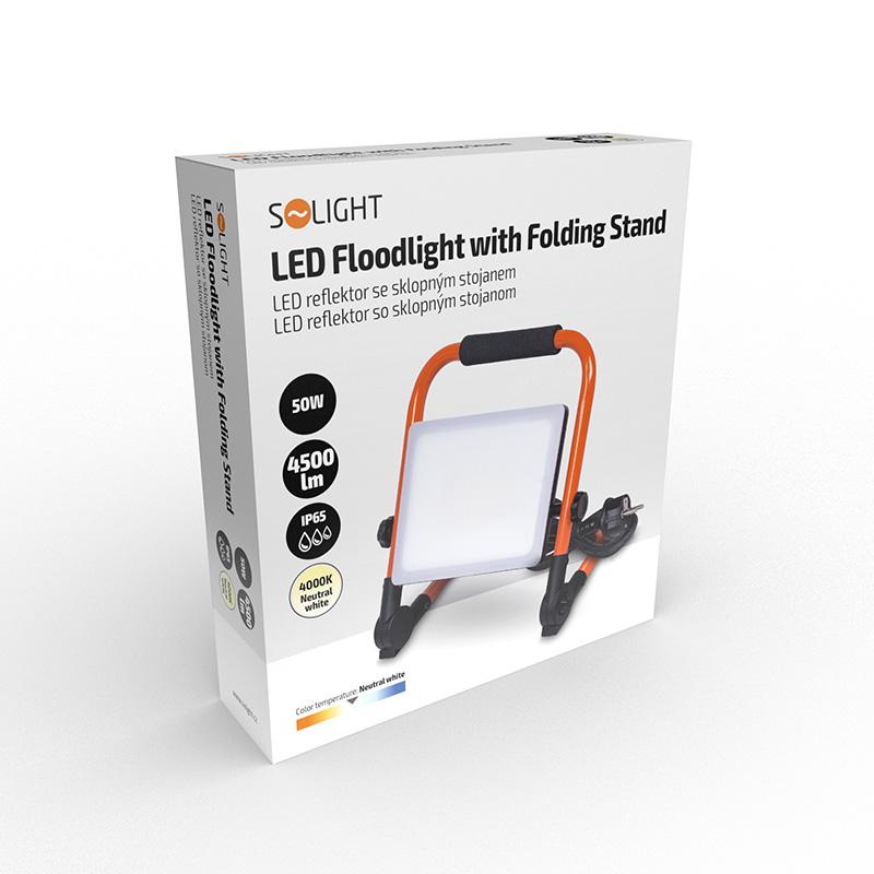Solight LED reflektor se sklopným stojanem, 50W, 4500lm, 4000K, kabel se zástrčkou, IP65