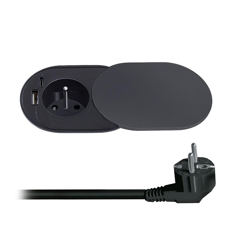 Solight 1z + USB A+C vestavná zásuvka s posuvným víčkem, 2m, matná černá