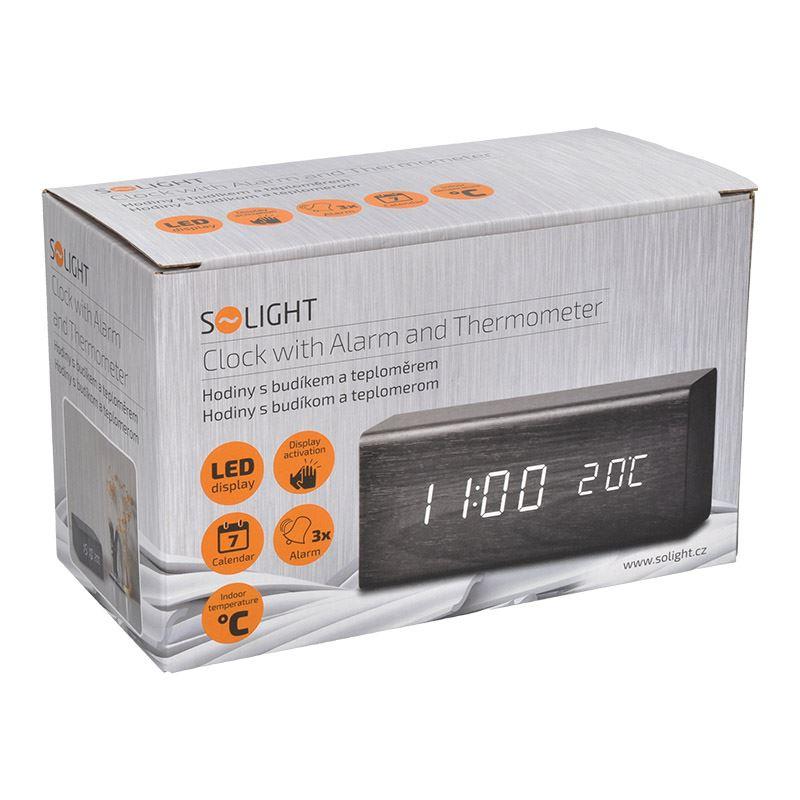 Solight hodiny s budíkem, bílé LED podsvícení, tři budíky, nastavitelná intenzita podsvícení, teplom