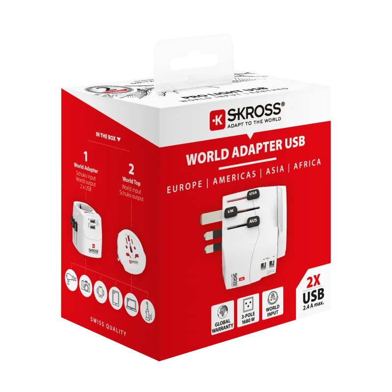 SKROSS cestovní adaptér PRO Light USB, 6.3A max., vč. USB nabíjení, uzemněný, UK+USA+Austrálie/Čína