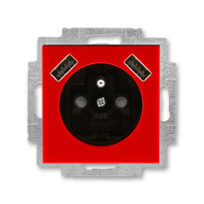 ABB Levit 5569H-A22357 65 Zásuvka jednonásobná, 2xUSB, clonky, červená/kouř. černá
