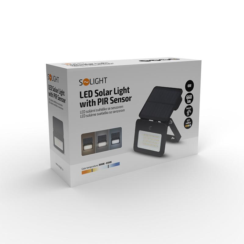 Solight LED solární světélko se senzorem, 6W, 660lm, 3CCT, Li-Ion, černá