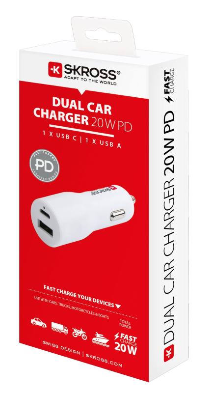 SKROSS USB A+C nabíjecí autoadaptér Dual Car Charger, 20W PD