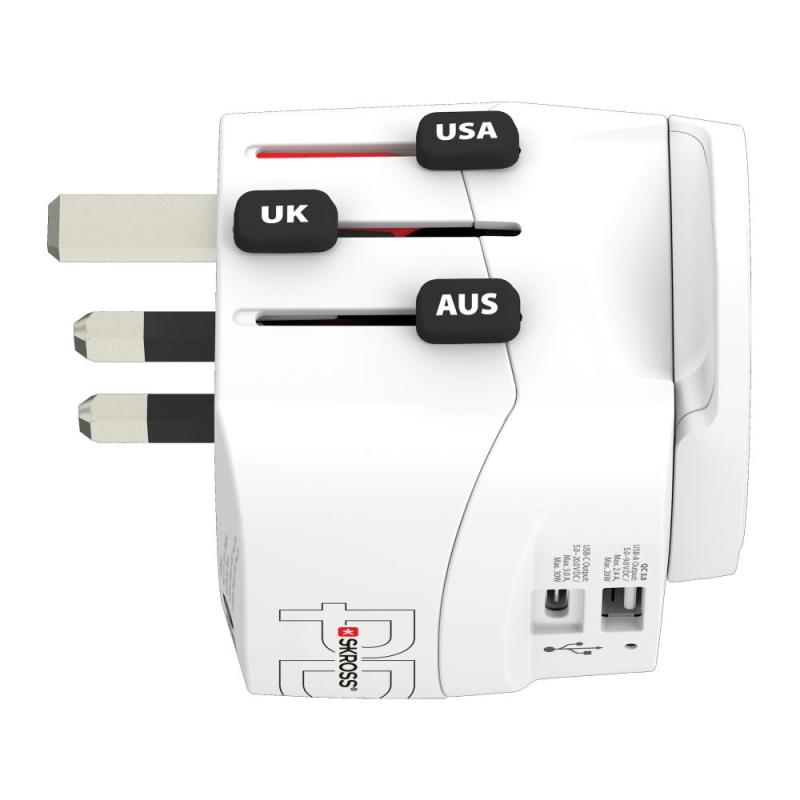 SKROSS Cestovní adaptér PRO Light USB AC30PD World, 7A max., USB A+C, PD 30W, UK+USA+Austrálie/Čína