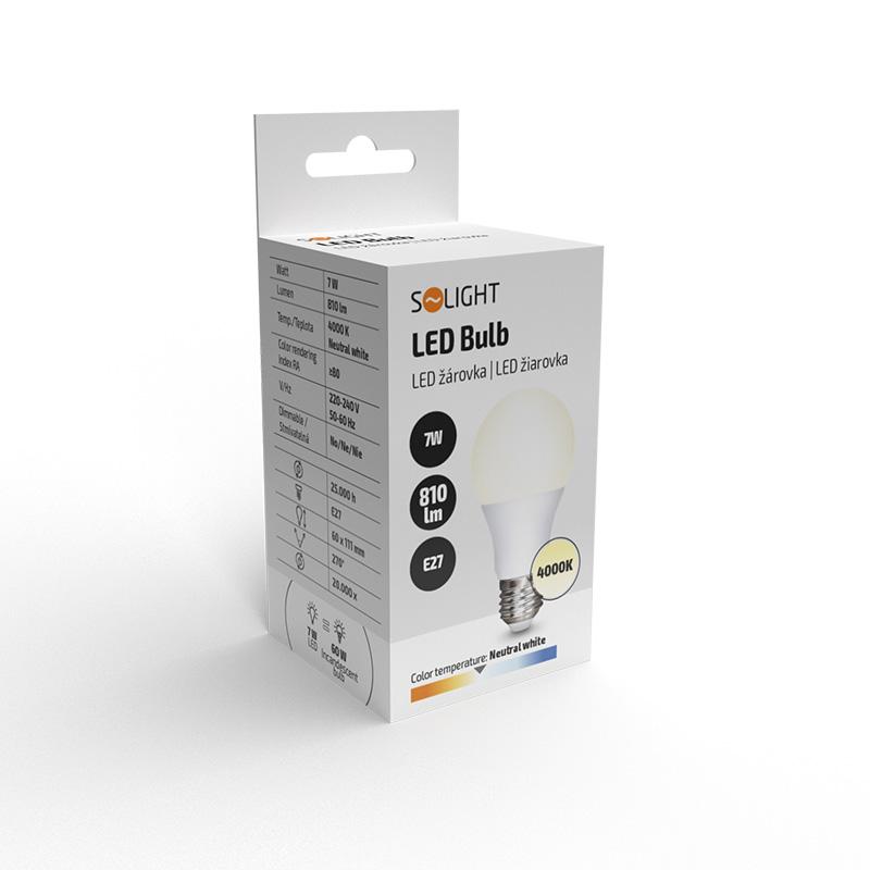 Solight LED žárovka, klasický tvar, 7W, E27, 4000K, 270°, 810lm