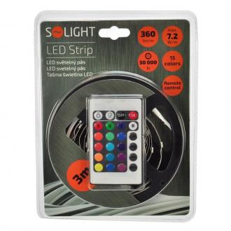 Solight LED světelný pás, RGB, 3m, sada s 12V adaptérem a dálk. ovladačem, 7,2W/m, IP20